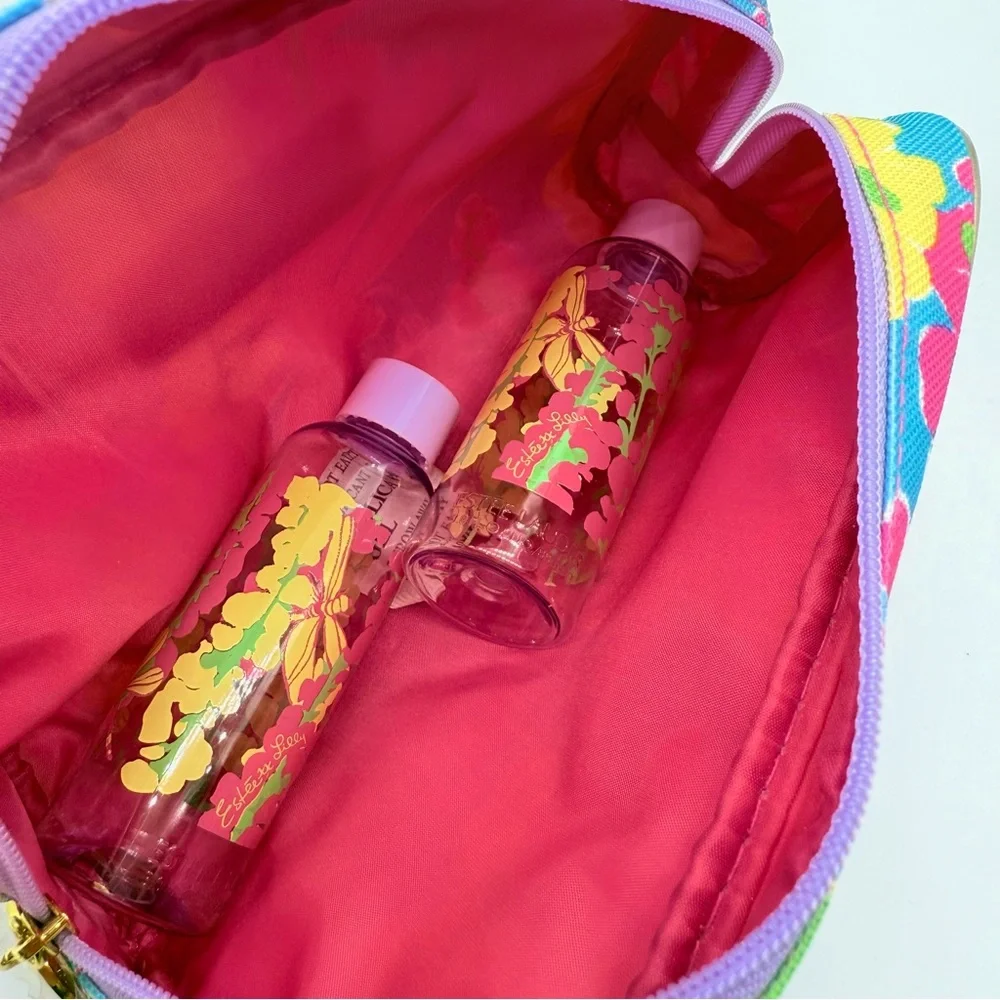Lilly Pulitzer x Estee Lauder Blue Pink Cosmetic Makeup Bag 2 Travel Containers
